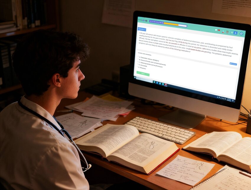 A person in a white coat studies at a desk with open books, handwritten notes, and Ace QBank on their computer for focused MCCQE1 exam preparation.