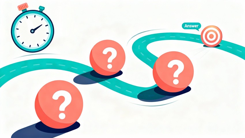 A winding path with question mark spheres leads to a target labeled "Answer," symbolizing MCCQE1 exam preparation; a stopwatch on the left reminds candidates of the importance of timing for 2025 MCCQE Part 1 Exam Dates & Scheduling Gone.