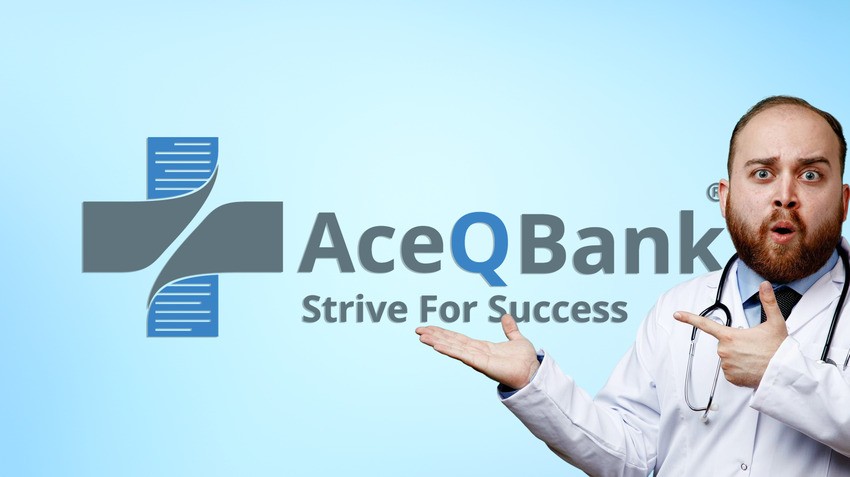A male doctor in a white coat points to the Ace QBank logo and tagline "Strive For Success" on a light blue background, emphasizing how Ace QBank helps avoid the common mistake in MCCQE1 exam preparation.