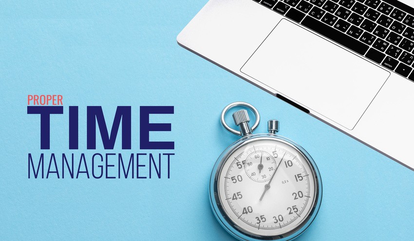 A stopwatch and a laptop on a blue surface, with "Proper Time Management" written on the left. Ideal for MCCQE1 exam preparation and staying organized even after the 2025 MCCQE Part 1 Exam Dates & Scheduling.