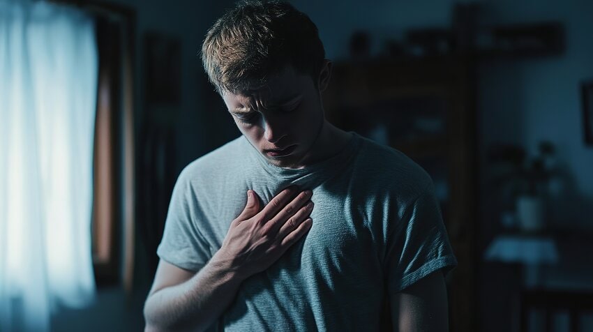 A young man stands indoors, wearing a gray t-shirt, with his hand on his chest and his head bowed, appearing concerned or in discomfort, suggesting possible symptoms of infective endocarditis as noted in Ace QBank Clinical Edge.