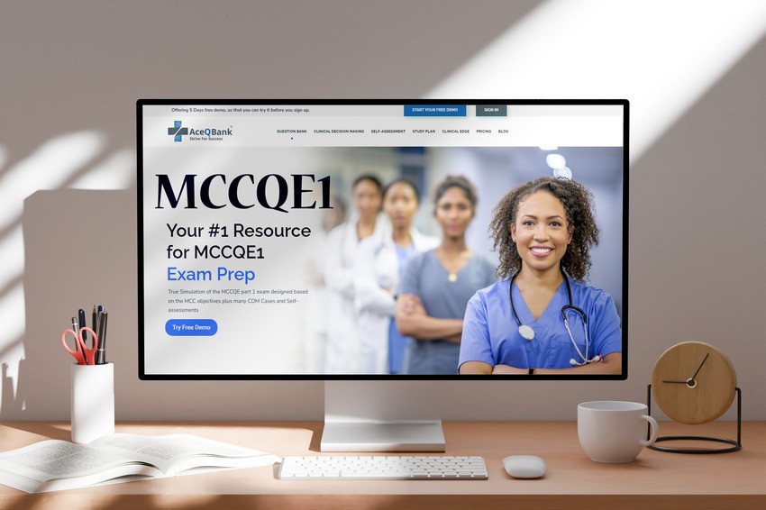 A computer monitor displays a medical exam prep website featuring the text "MCCQE1 Exam Prep," along with MCCQE Part 1 Exam Dates and a group of healthcare professionals standing in the background.