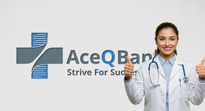 A woman in a white lab coat and stethoscope stands smiling with two thumbs up in front of an "AceQBank" logo and the slogan "Strive For Success," highlighting the importance of avoiding the rookie mistake of poor time management during MCCQE1 exam preparation.