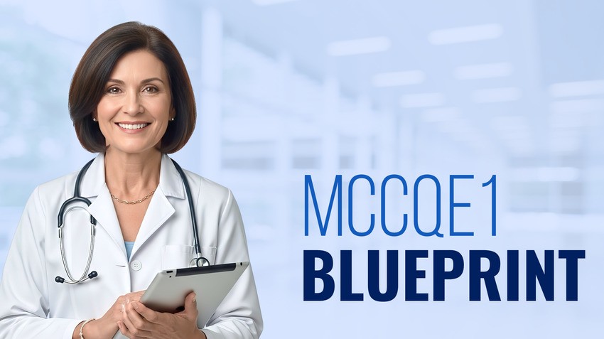 A doctor holding a tablet stands next to the text "MCCQE1 Blueprint" on a blurred clinical background, emphasizing Ace QBank's focus on MCCQE1 Exam Preparation.