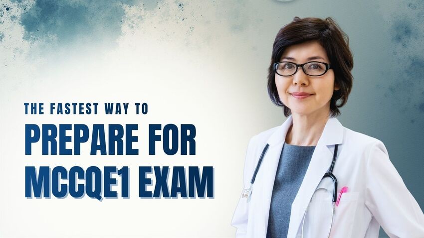A woman in a white lab coat with a stethoscope stands next to text that reads, "The fastest way for MCCQE1 exam preparation with Ace QBank & achieve MCCQE1 success in 2025.