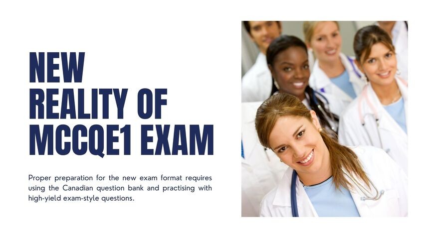 A group of medical professionals in lab coats smile at the camera next to text about the new reality of the MCCQE1 exam, preparation tips, and how Ace QBank can help you achieve MCCQE1 success in 2025.