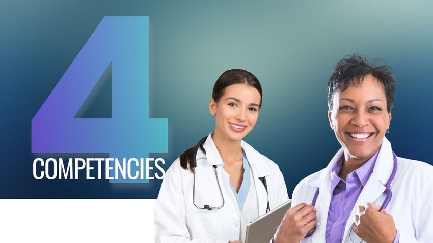 Two female doctors stand smiling in front of a graphic that reads "4 Competencies" on a gradient blue background, highlighting the essentials for MCCQE1 exam preparation with Ace QBank.