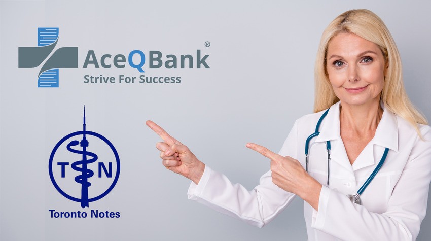 A woman in a white coat with a stethoscope points at the Ace QBank and Toronto Notes logos on a light gray background, highlighting MCCQE1 exam preparation and 3 MCCQE1 Study Secrets for 2026 Success.