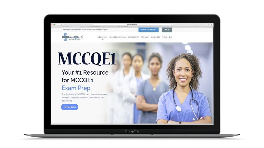 A laptop with a screen showing a group of people collaborating on MCCQE1 exam preparation and discussing what MCCQE1 actually demands in 2026 using Ace QBank.