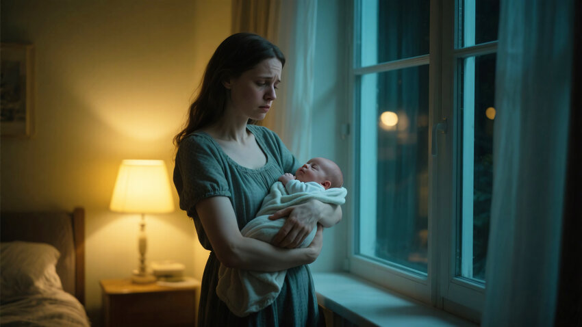 Woman standing by a bedroom window at night, cradling a swaddled infant in her arms. Warm bedside lamp light softly illuminates the room, while cool blue streetlight filters through the window, creating a quiet, reflective mood. Image is for Ace QBank, the Clinical Edge.