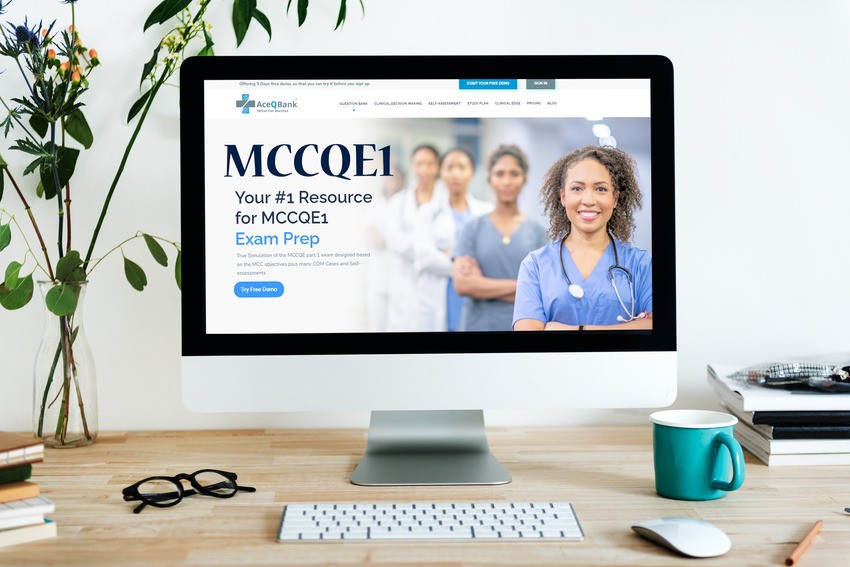 A computer screen displays a website for MCCQE1 exam preparation, featuring Ace QBank alongside a group of healthcare professionals and showcasing 3 MCCQE1 Study Secrets for 2026 Success.
