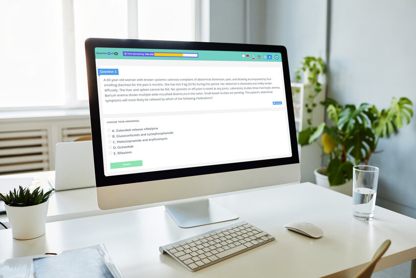 A desktop computer displays MCCQE1-style multiple-choice medical exam question with a progress bar and timer on screen. Screenshot is from Ace QBank the best question bank for the MCCQE1 exam prep.