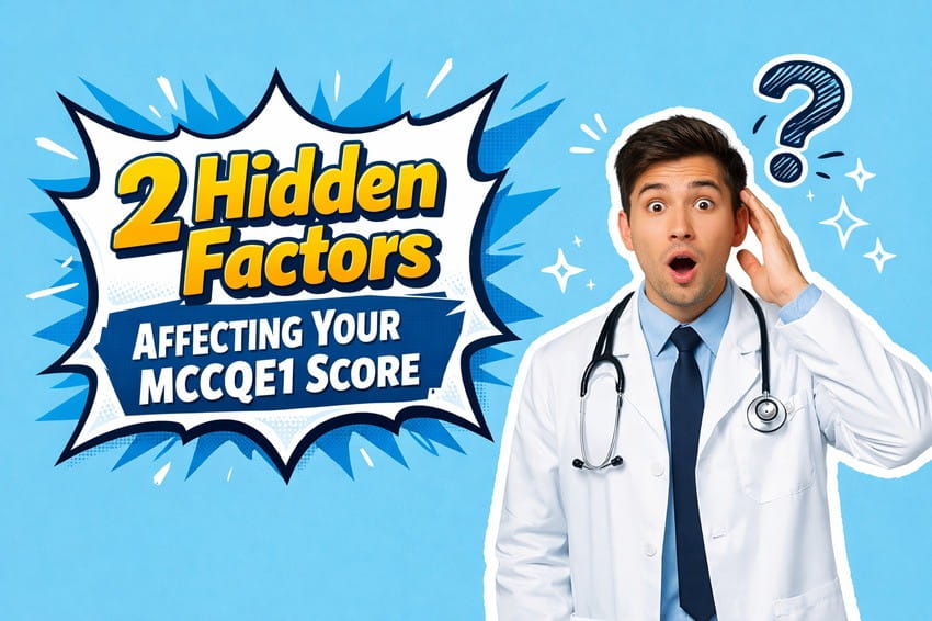 A surprised doctor stands next to a comic-style sign that reads, "2 Hidden Factors Affecting Your MCCQE1 Result," highlighting the secrets behind your Ace QBank MCCQE1 journey on a blue background.
