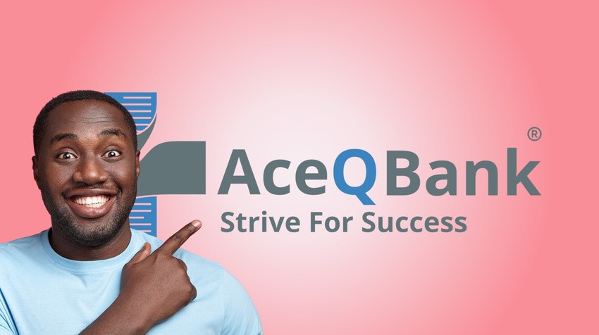 A smiling man in a light blue shirt points to an Ace QBank logo with the slogan "Strive For Success" on a pink background, showing he's ready for the April 2026 MCCQE1 Exam and staying updated on MCCQE1 exam dates.