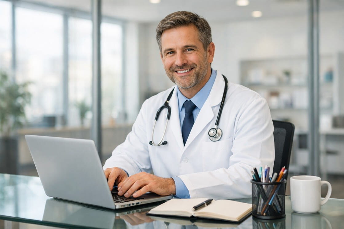 A male doctor in a white coat with a stethoscope sits at a desk using a laptop, possibly reviewing his MCCQE1 Result on Ace QBank, with a notebook, pen, and coffee cup nearby.