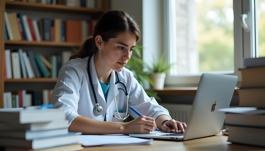 A doctor in a white coat with a stethoscope writes notes while working on a laptop at a desk, surrounded by books in a well-lit room. Preparing with Ace QBank to achieve the best MCCQE1 result.