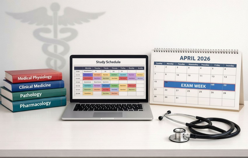 A laptop displaying a study schedule sits between medical textbooks, a desk calendar showing "Exam Week" in April 2026, and a stethoscope. Perfect for those ready for the April 2026 MCCQE1 exam with Ace QBank.