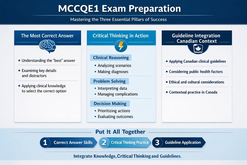 Infographic outlining MCCQE1 exam preparation: most correct answer, critical thinking in action, and guideline integration in Canadian context, with a summary flow at the bottom. Learn how to achieve the best MCCQE1 result with Ace QBank.