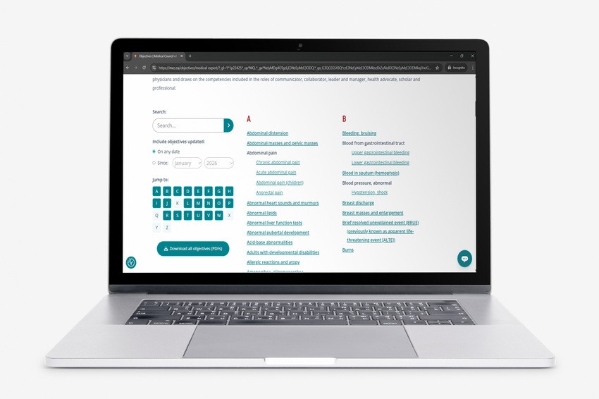 A laptop displays a webpage with a search tool and two columns of hyperlinked medical terms under sections labeled "A" and "B," perfect for MCCQE1 exam preparation or finding 3 Essential Tips for Studying MCCQE1 with Ace QBank.