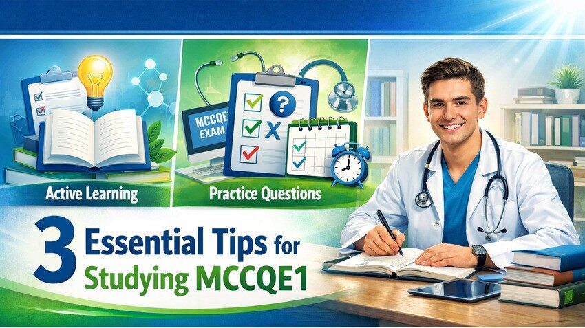 A medical student studies at a desk with books, papers, and a stethoscope; graphics illustrate 3 Essential Tips for Studying MCCQE1, including active learning, practice questions, and using Ace QBank to boost exam success.