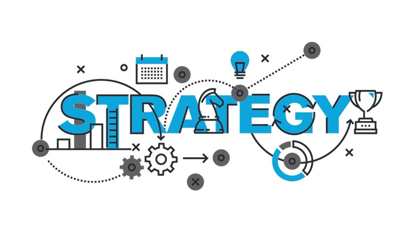 The word "STRATEGY" in blue, surrounded by icons like gears, a chess knight, a trophy, and more. Capturing planning and success. Perfect for those using Ace QBank to learn how to achieve the best MCCQE1 result.