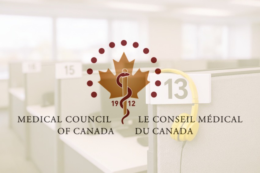 A Medical Council of Canada logo is superimposed over a row of numbered office cubicles, with yellow headphones hanging on cubicle 13, representing the pursuit of success in the MCCQE1 exam with Ace QBank.