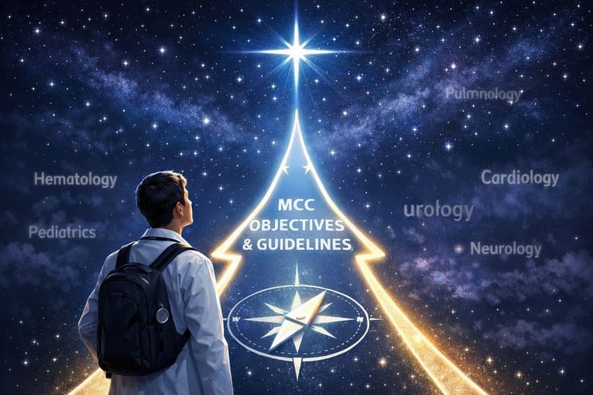A person in a white coat looks up at a glowing star labeled "MCC OBJECTIVES & GUIDELINES," surrounded by specialties like pediatrics and cardiology, feeling Ready for the April 2026 MCCQE1 Exam with Ace QBank.
