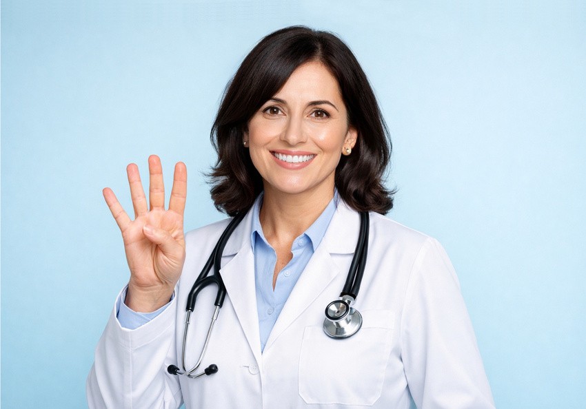 A female doctor in a white coat with a stethoscope holds up four fingers and smiles. Symbolizing success in MCCQE1 exam preparation with Ace QBanK.