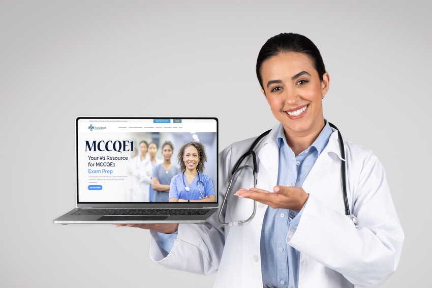 A doctor in a white coat with a stethoscope holds a laptop displaying Ace QBank, a leading question bank for the MCCQE1 exam preparation.
