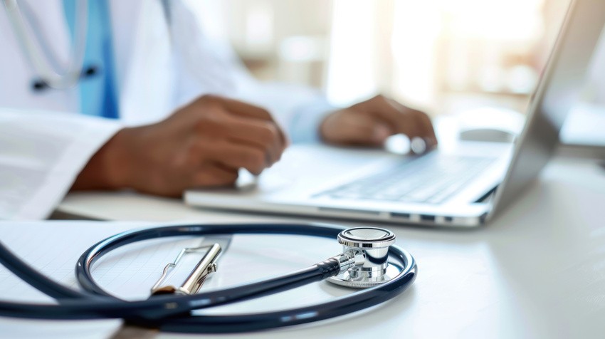 A stethoscope and clipboard rest on a desk while a person reviewing Ace QBank.The most effective Qbank for MCCQE1 Exam preparation.