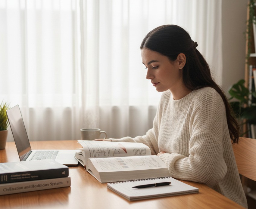 A woman sits at a desk reading a book, with her laptop open to Ace QBank for MCCQE1 exam preparation in a well-lit room.
