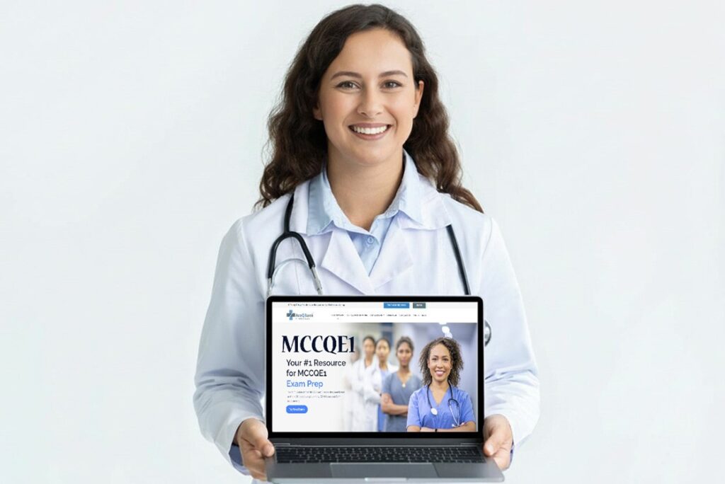 A smiling doctor in a white coat holds a laptop displaying Ace QBank. The most effective Qbank for MCCQE1 Exam prep. Featuring images of healthcare professionals.