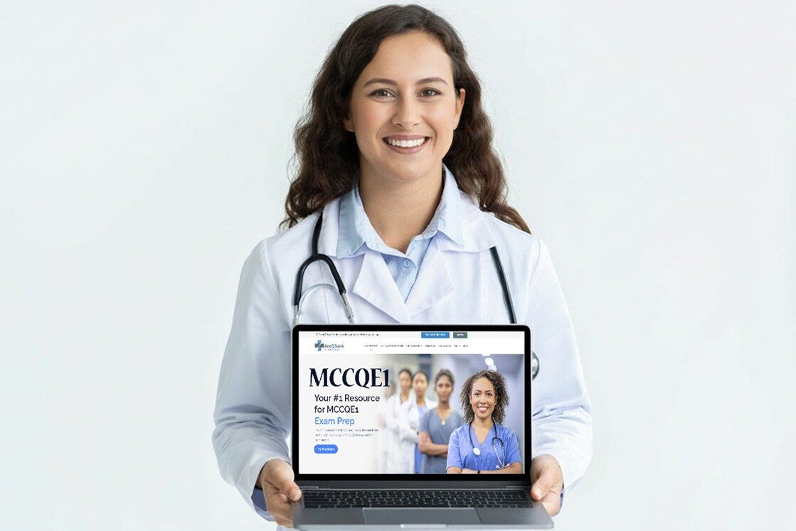 A smiling doctor in a white coat holds a laptop displaying Ace QBank. The most effective Qbank for MCCQE1 Exam prep. Featuring images of healthcare professionals.