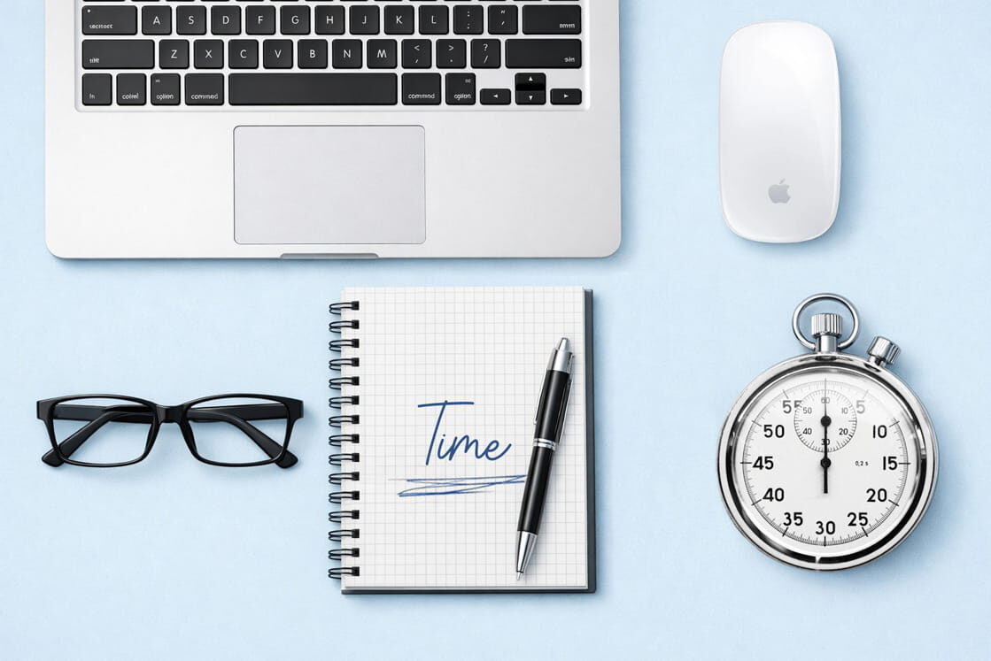A laptop, a wireless mouse, and a notebook with "Time" written on it. Perfect tools to master what time management means for MCCQE1 with Ace QBank.