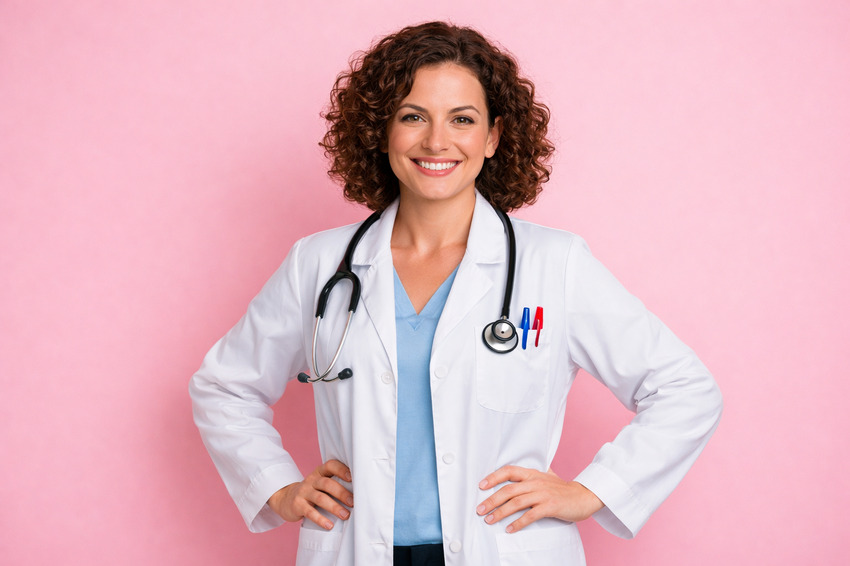 A woman in a white lab coat and stethoscope stands with hands on hips, smiling confidently against a pink background. Ready to tackle MCCQE1 by trying demo questions from Ace QBank.
