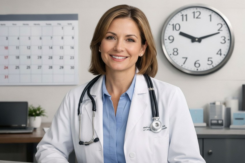 A doctor in a white coat with a stethoscope smiles in an office, reflecting on the MCCQE1 exam result and validity after studying with Ace QBank.