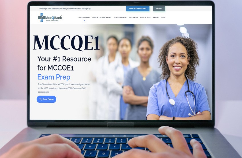 A person uses a laptop displaying Ace QBank, the most effective qbank for MCCQE1 exam preparation. Featuring a group of healthcare professionals and a button to try a free demo.