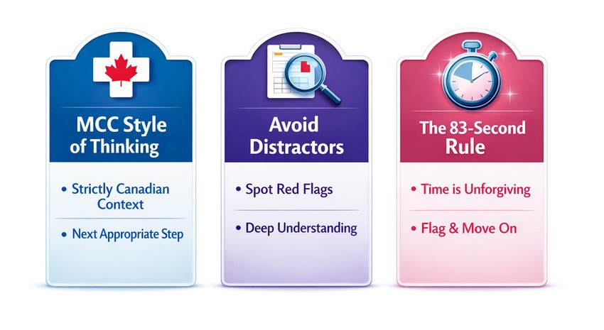 Three labeled panels. MCC Style of Thinking, Avoid Distractors, and the 83-Second Rule. key strategies for MCCQE1 exam preparation with The Most Effective Qbank for MCCQE1 Exam.