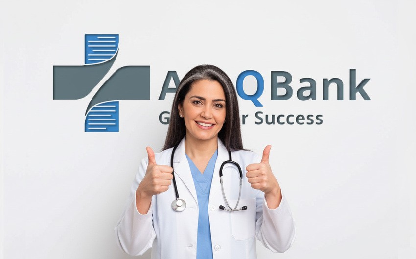 A woman in a white coat and stethoscope stands in front of an Ace QBank logo, giving two thumbs up and smiling, celebrating her MCCQE1 exam result and validity.