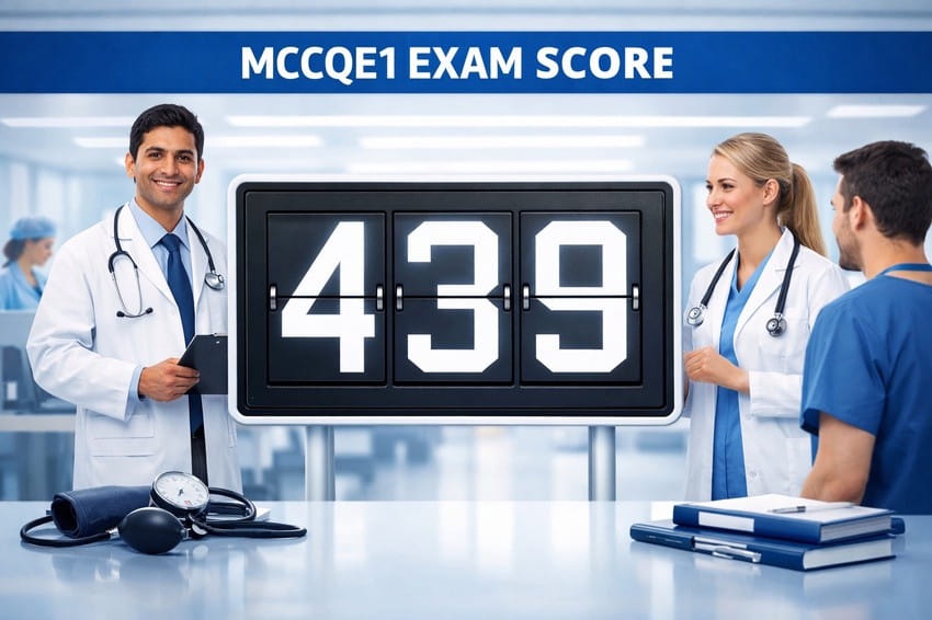 Three medical professionals stand by a large digital scoreboard displaying an MCCQE1 exam score of 439, highlighting their achievement with help from Ace QBank in a clinical setting.