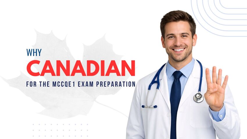 A male doctor in a white coat and stethoscope holds up four fingers, standing next to text that reads, Why Canadian for the MCCQE1 exam preparation. Have you tried Ace QBank?
