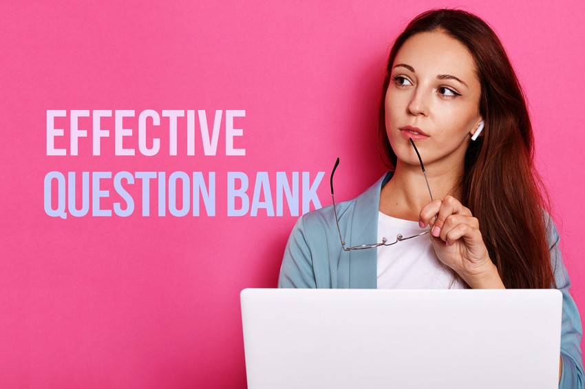 Woman holding glasses and looking thoughtful in front of a pink background with "Effective Question Bank" beside her and a laptop in the foreground. Ideal for MCCQE1 exam preparation with Ace QBank.