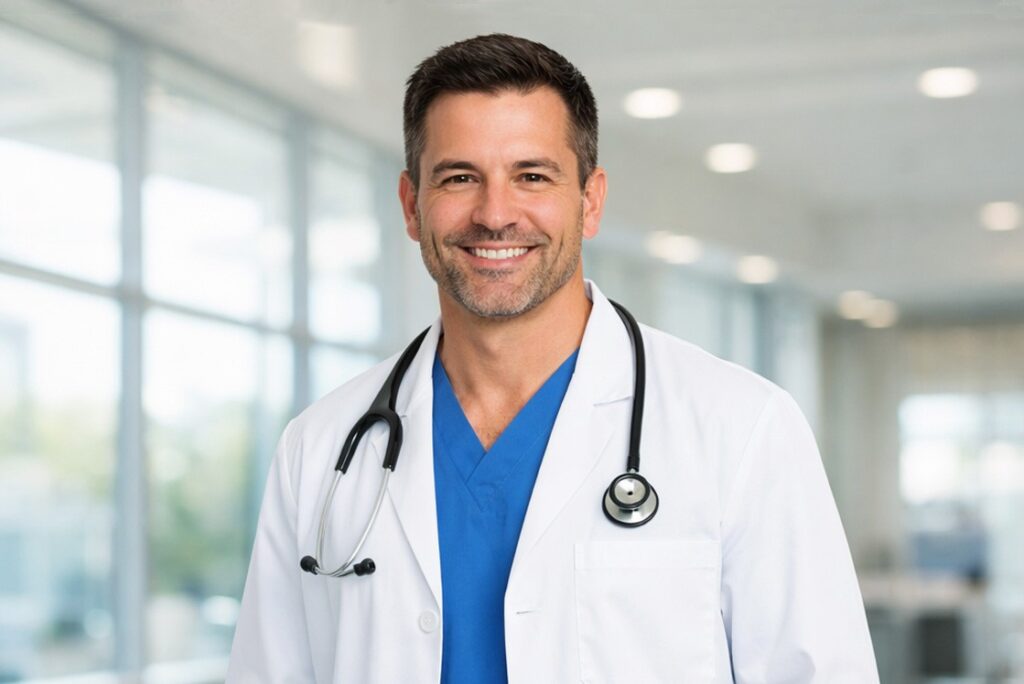 A male doctor in a white coat and blue scrubs with a stethoscope around his neck stands smiling in a bright hospital corridor, representing the dedication needed for Ace QBank MCCQE1 Exam Preparation and the 2026 MCCQE1 Examination and Assessments.