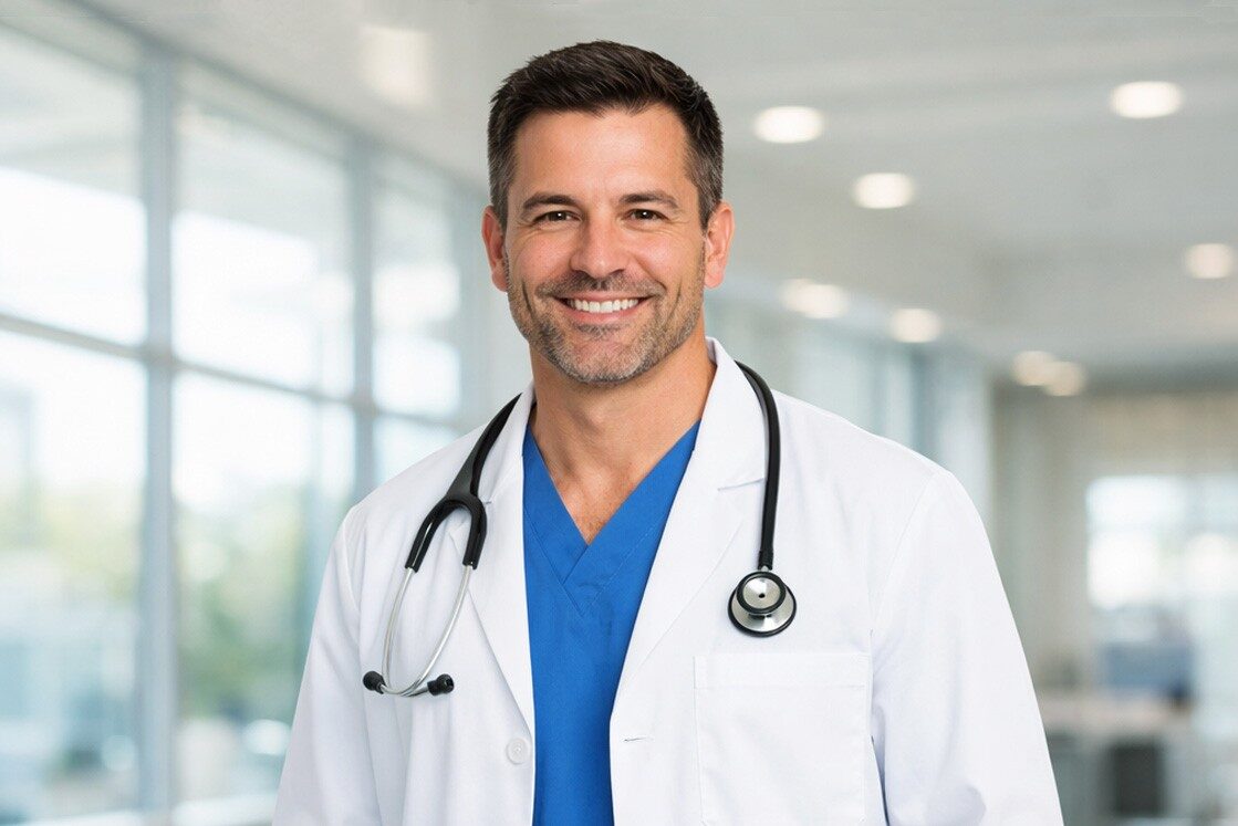 A male doctor in a white coat and blue scrubs with a stethoscope around his neck stands smiling in a bright hospital corridor, representing the dedication needed for Ace QBank MCCQE1 Exam Preparation and the 2026 MCCQE1 Examination and Assessments.
