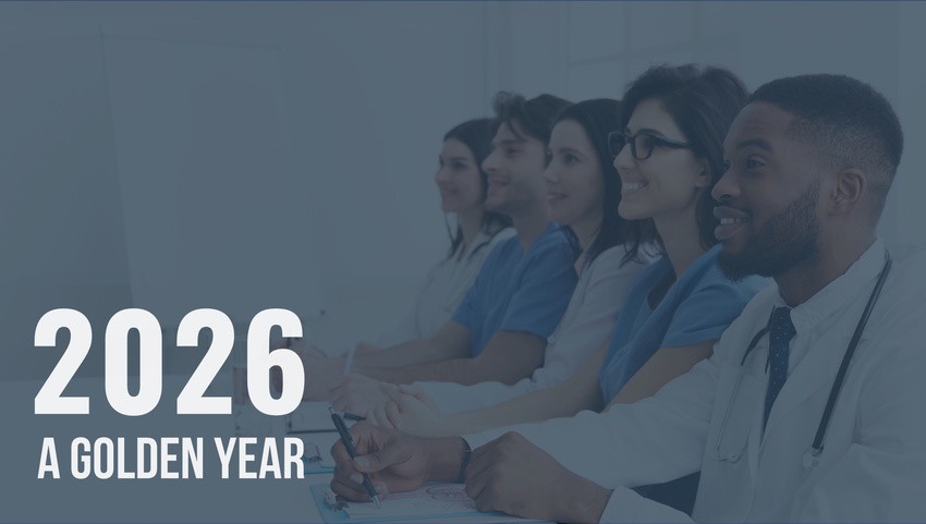A group of medical professionals sit in a row, facing right, with the text "2026 A GOLDEN YEAR" and "Ace QBank, Your Companion for 2026 MCCQE1 Examination and Assessments" displayed on the left side of the image.