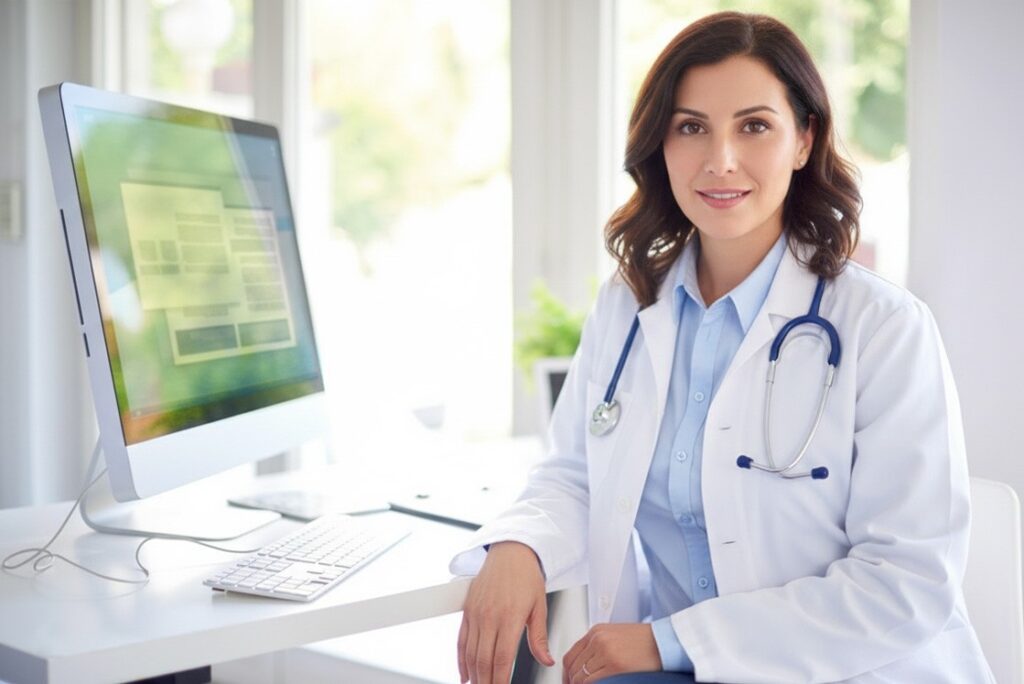 A female doctor in a white coat sits at a desk with a computer and keyboard in a bright, modern office, focused on MCCQE1 Exam Preparation with the Best Qbank for MCCQE1, Ace QBank.