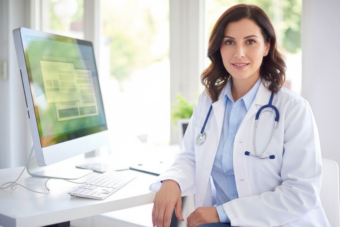 A female doctor in a white coat sits at a desk with a computer and keyboard in a bright, modern office, focused on MCCQE1 Exam Preparation with the Best Qbank for MCCQE1, Ace QBank.