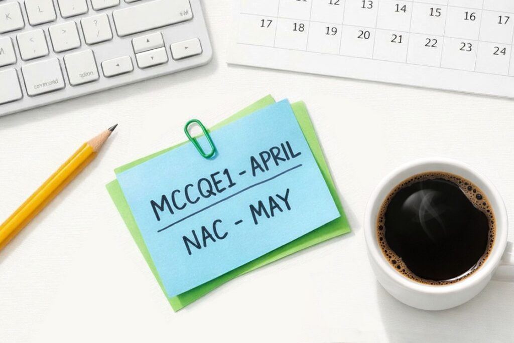 A stack of sticky notes reads "MCCQE1 April, NAC - May" near a pencil, keyboard, calendar, and cup of black coffee on a white desk. Perfect for planning with Ace QBank for the MCCQE1 exam as the 2026 MCCQE1 scheduling opens for April.