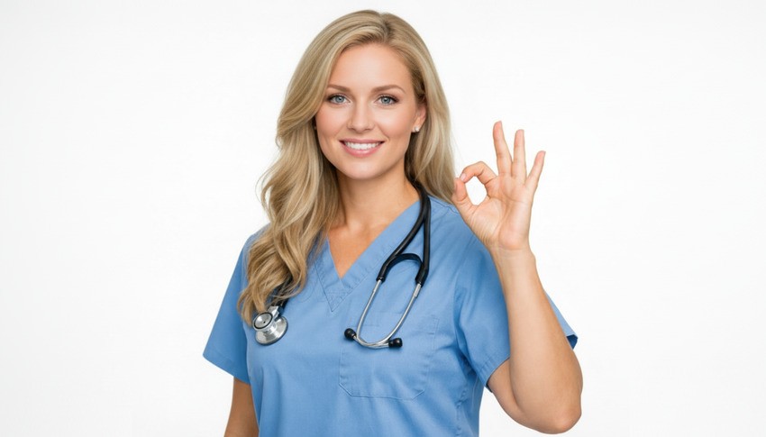 A woman in blue medical scrubs with a stethoscope around her neck smiles and makes an "OK" hand gesture, reflecting the confidence that comes from studying with Ace QBank. The best Qbank for the MCCQE1 exam against a plain white background.