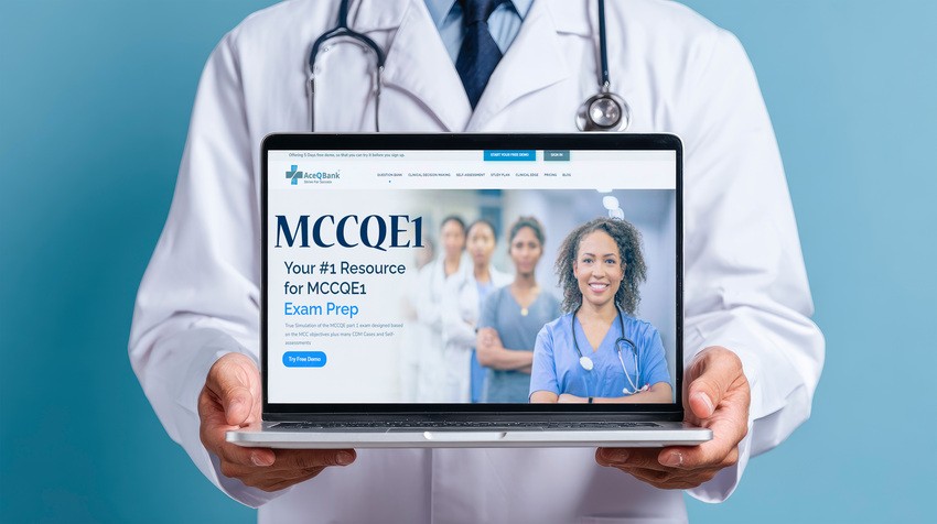A doctor holds a laptop displaying the Ace QBank website for MCCQE1 exam preparation, featuring a group of healthcare professionals on the screen, with a banner announcing "2026 MCCQE1 Scheduling Open for April.
